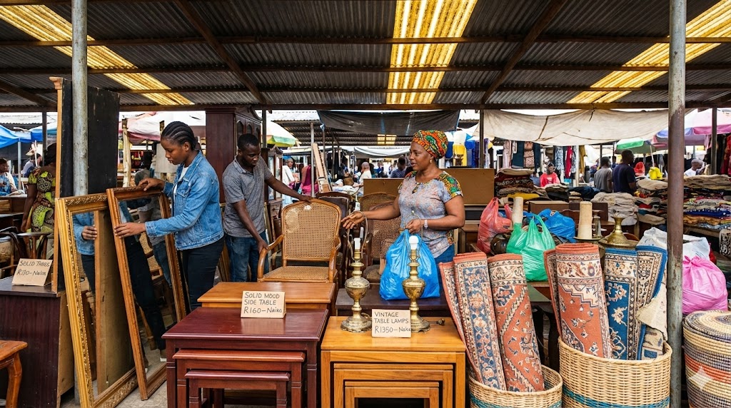 Busy Nigerian thrift market scene showing vendors selling secondhand furniture, fabrics, and home decor items with shoppers browsing