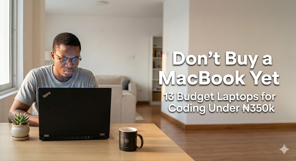 A Nigerian developer working on a ThinkPad laptop at a modern desk with code on screen, warm ambient lighting